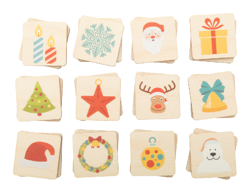 Jeu de mémoire en bois de bouleau laminé - 24 tuiles avec motifs de Noël - Impression logo 1 couleur_0