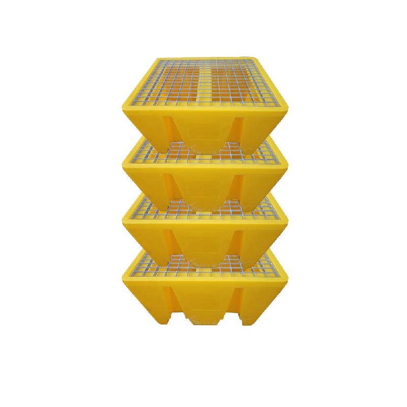 Lot de 4 bacs de rétention pour 1 fût standard - PEHD jaune avec caillebotis en acier galvanisé - Volume 240L - Charge max 250kg_0