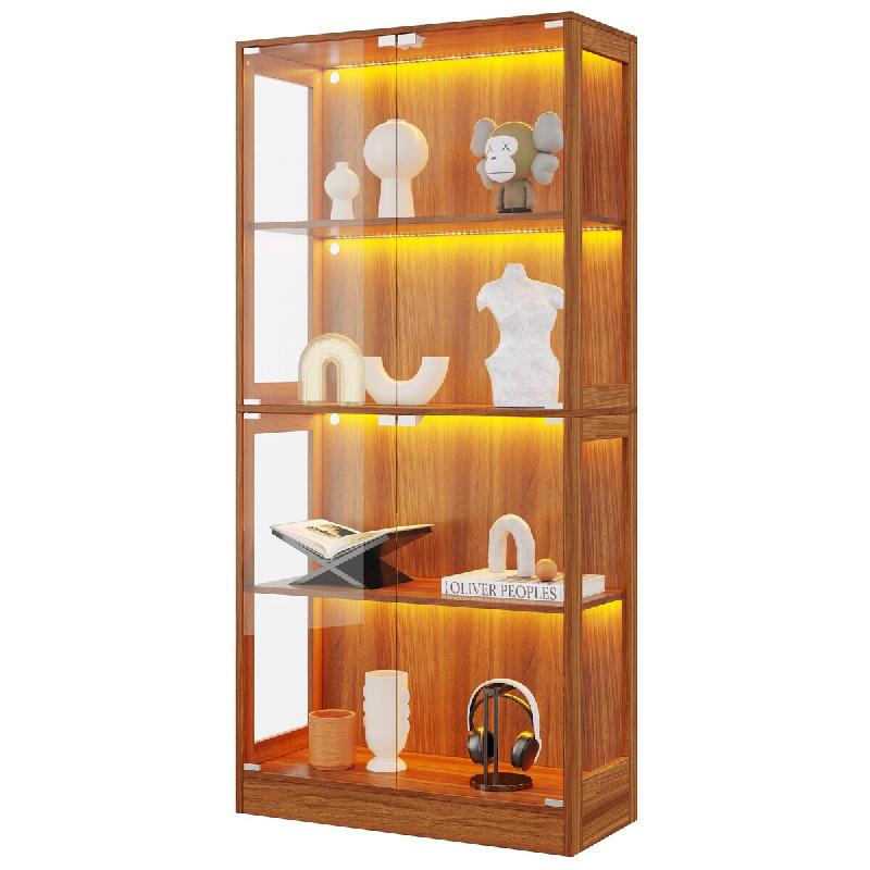 Merax Vitrine LED 80 x 35 x 170 cm avec 4 portes vitrées, 4 étagères et commande par application, aspect noyer - multi-matériau NK000202AAW_0