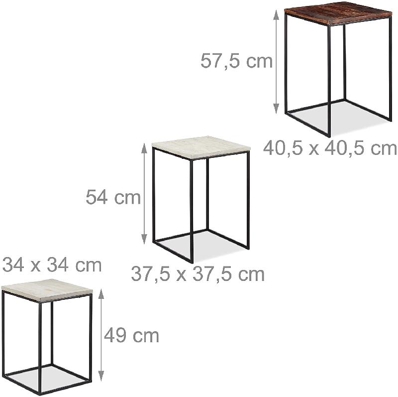 Tables basses gigognes carrées - Jeu de 3 en bois de manguier massif et structure métallique noire - Marron, gris, blanc - 13_0002738_0