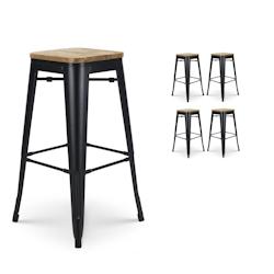 Kosmi Lot de 4 tabourets de bar en métal noir mat style industriel et assise en bois clair - Hauteur 66 cm - noir 3760301693376_0