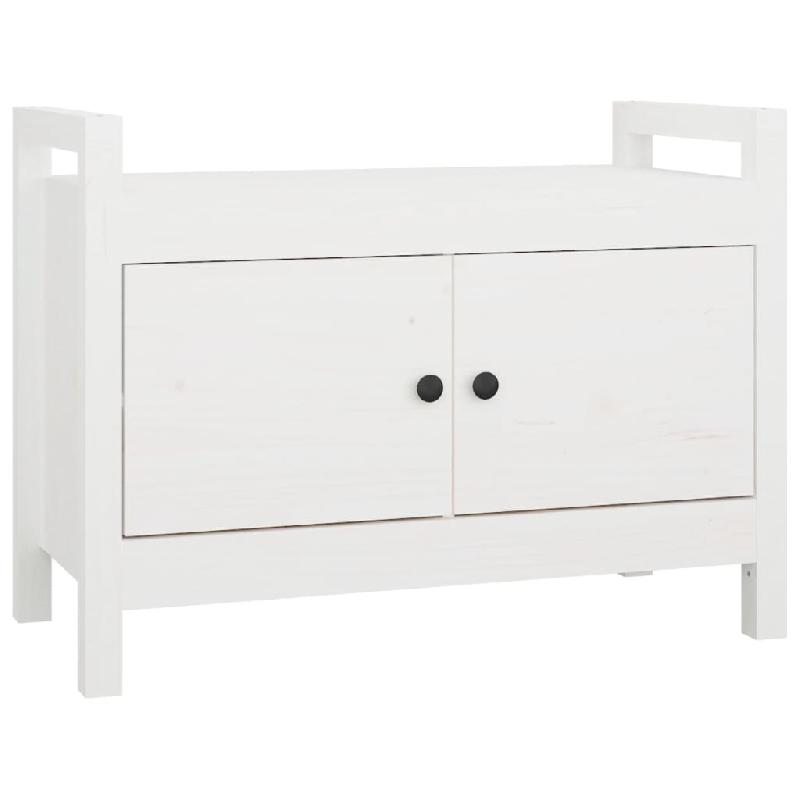 Banc banquette d'entrée en bois de pin massif blanc - 80 x 40 x 60 cm - Avec rangement et portes - Réf : 02_0011027_0