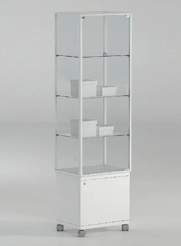 Vitrine colonne avec rangement 51-MPVA - blanc poli - verre trempé - roulettes - 3 tablettes amovibles_0