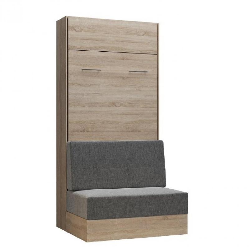 ARMOIRE LIT ESCAMOTABLE DYNAMO SOFA CANAPÉ INTÉGRÉ CHÊNE NATUREL TISSU GRIS 90*200 CM_0