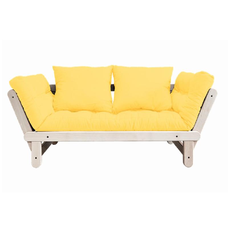 BANQUETTE MÉRIDIENNE FUTON BEAT PIN NATUREL TISSU JAUNE COUCHAGE 75*200 CM._0