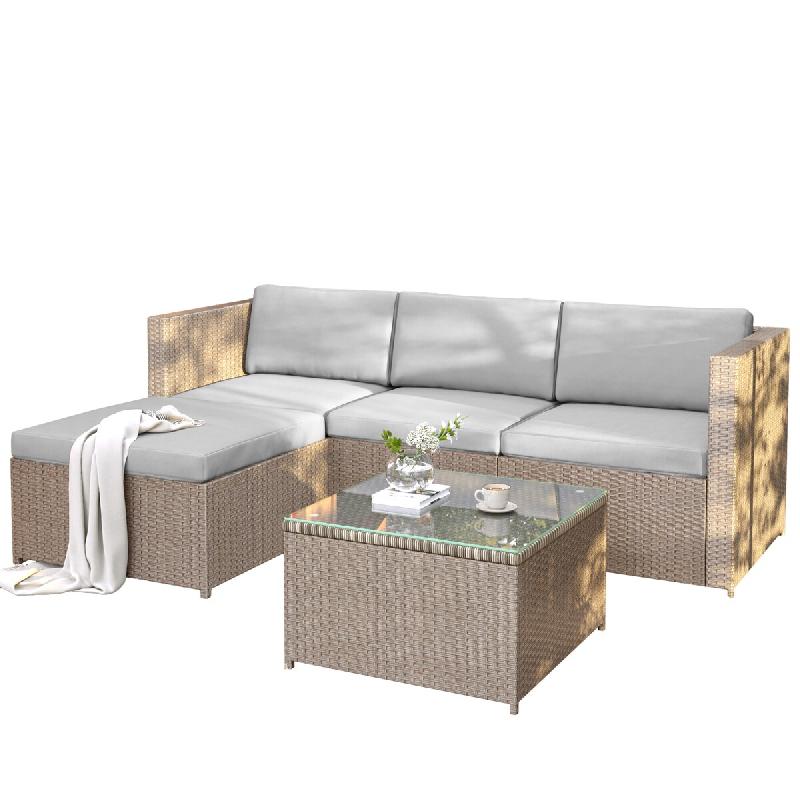 Merax salon de jardin en résine tressée, canapé d’angle extérieur avec coussins, table basse avec plateau en verre, kaki - multicolore multi-mat_0