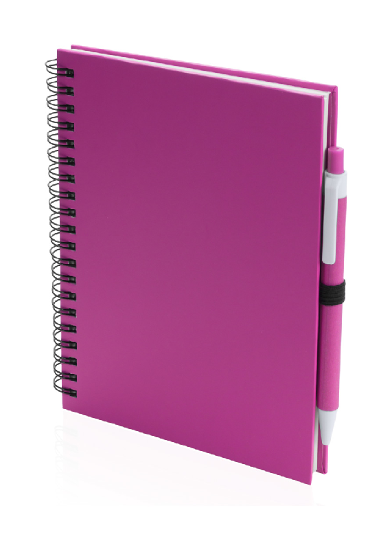 Bloc-notes à spirales - 70 pages non lignées en papier recyclé - Stylo bille assorti - Couleur fuchsia - Encre bleue - Poids 170 g_0