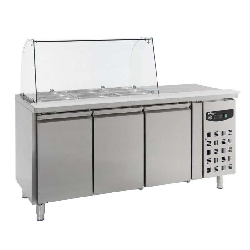 Table réfrigérée avec verre 3 portes - 465 litres - Jusqu'à 27 bacs GN 1/9 pour présentation et conservation de Bubble Tea et toppings_0