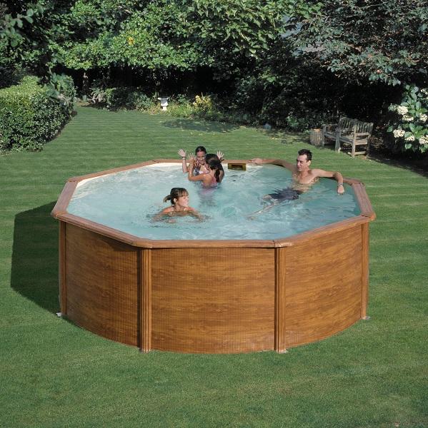 Piscine ronde acier Ø3,70m x H: 1,22m - imitation bois - filtration à sable_0