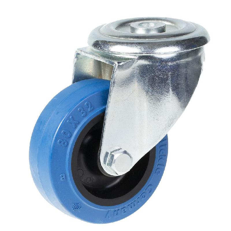Roulette pivotante de 80 mm avec caoutchouc élastique bleu sur roue centrale en nylon_0