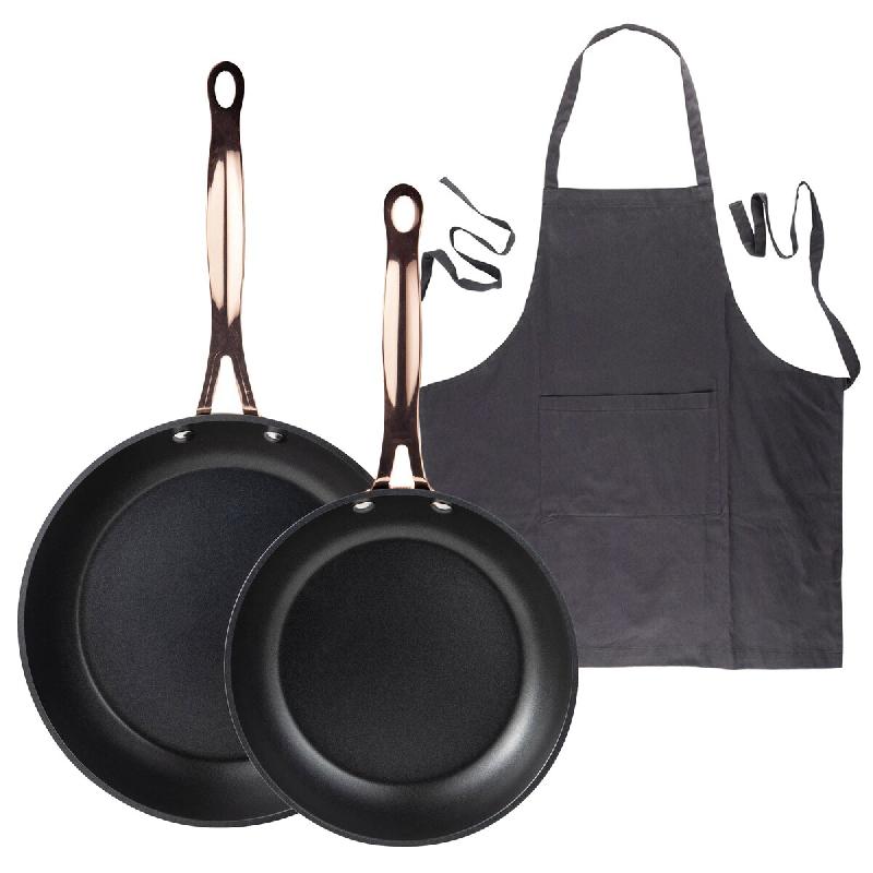 BERGNER - Jeu de 2 Poêles Ø20/24cm en Aluminium Forgé Noir Mat avec Tablier de Cuisine Gris Foncé 100% Coton 75x80cm - PK9529_0