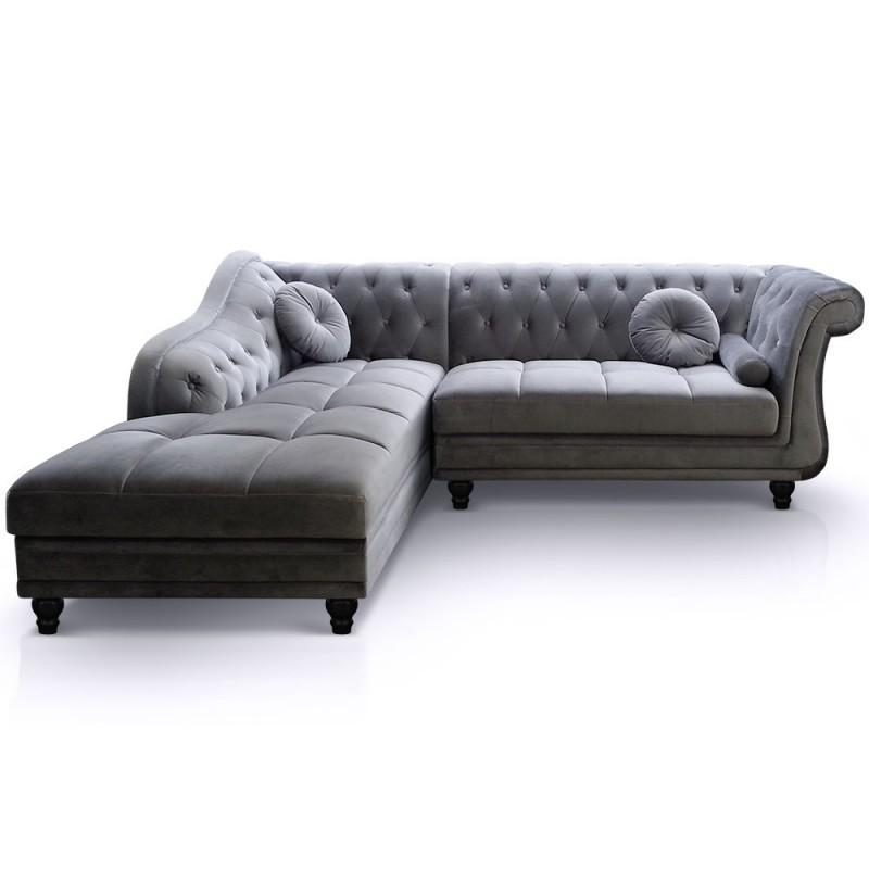 Canapé d'angle Chesterfield velours Brighton 240cm argent - méridienne à gauche - style anglais intemporel_0