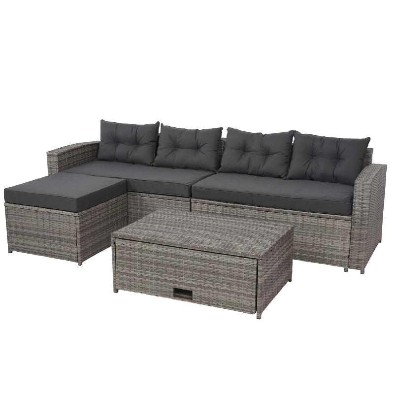 Mendler Poly-Rattan Garniture HWC-J34, Balcon-/Jardin-/Lounge-Set Canapé, compartiment de rangement ~ gris, coussin gris foncé - gris plastique 7708_0