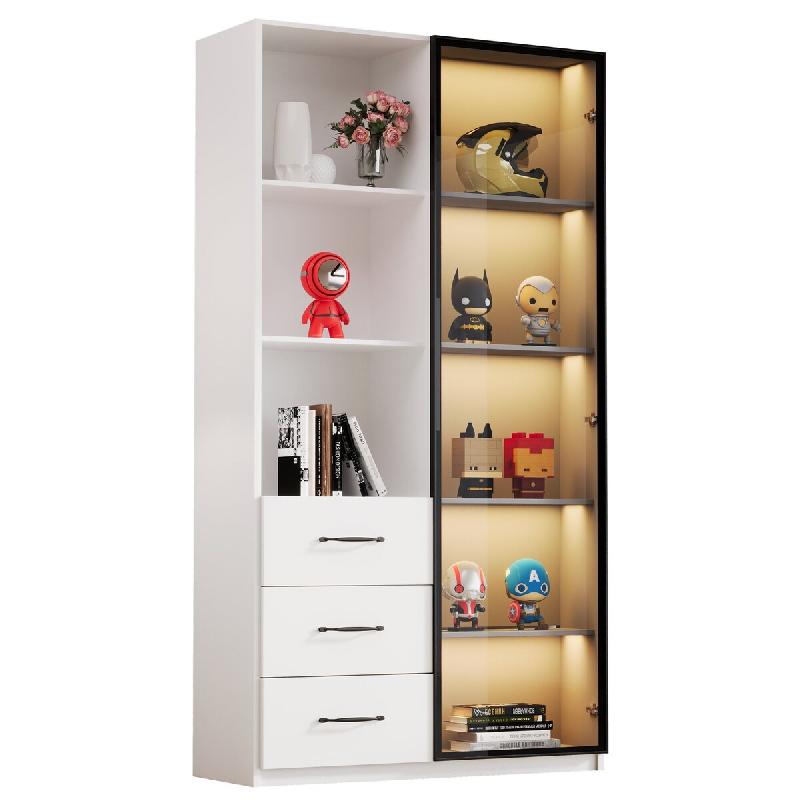 Merax Vitrine LED 80×40×160 cm, bibliothèque avec porte en verre trempé, vitrine avec 3 tiroirs et compartiments ouverts, armoire haute blanche -_0