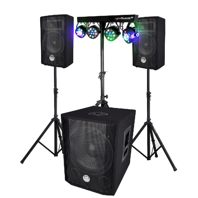 Pack sonorisation BMS1208, Caisson bi-amplifié 1000W, USB Bluetooth, 30cm, Satellites, câbles, Portique + 4 PAR /UV DMX, 18 prog - 3666638037503_0