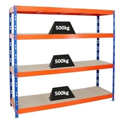 PROREGAL Étagère charge lourde RHINO - H180xL200xP60cm, 500kg/niveau, Tablette MDF 8mm, Bleu/Orange, étagère de garage et rangement_0