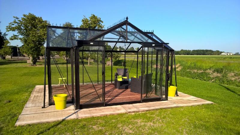 Hélène - Serre de jardin en aluminium laqué noir avec toiture et parois en verre sécurit 4 mm_0