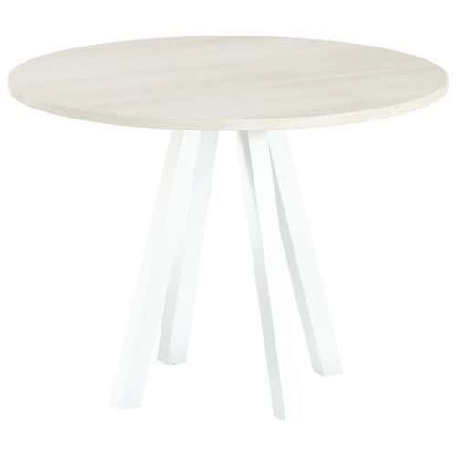 TABLE RÉUNION EVAN Ø 100 CM PIED BLANC PLATEAU STRAT ACACIA - MBA