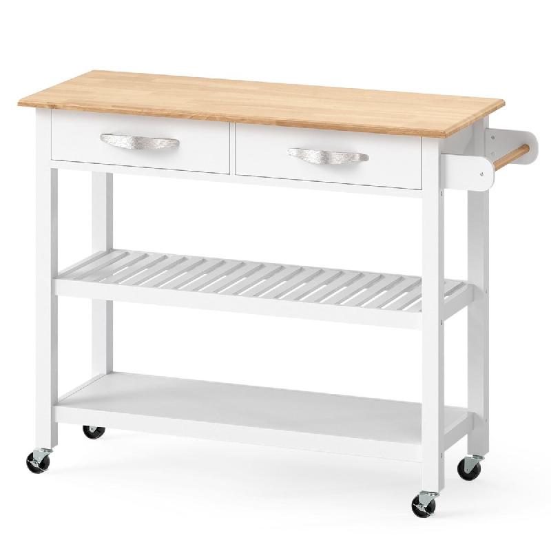 Helloshop26 - Îlot de cuisine roulante 116 x 43 x 89 cm avec 2 tiroirs et 2 étagères style rustique en bois de pin blanc 20_0017748 - blanc Bois ma_0