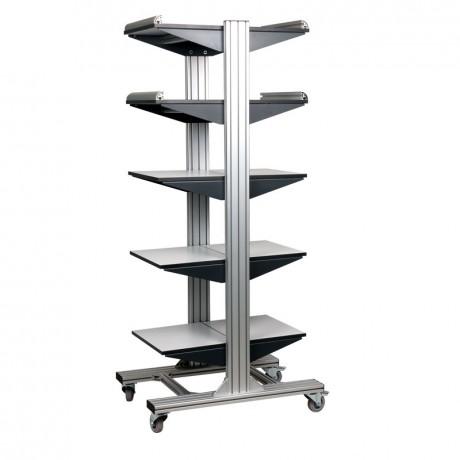 Desserte d'atelier haute double face - aluminium mat - 5 niveaux avec tablettes en mélaminé_0
