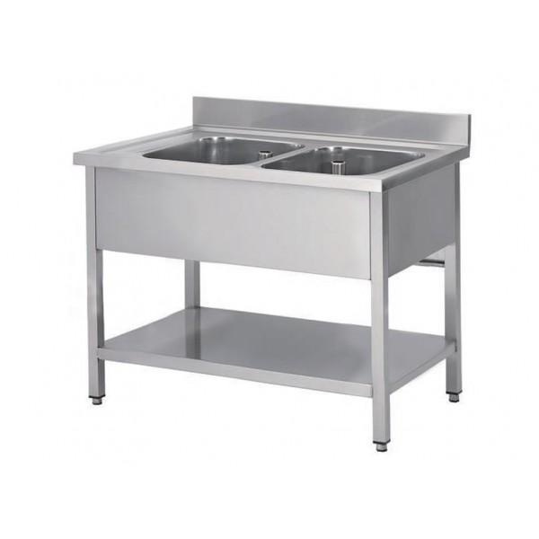 Plonge soudée sur pieds carrés avec étagère, inox ferritique, 2 bacs au centre, longueur 1200 mm_0