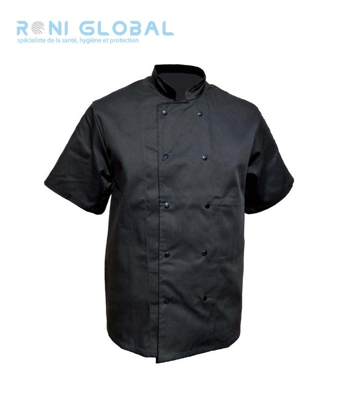 Veste de cuisine manches courtes noir - coton/polyester - PBV Ref: 17BPN avec double boutonnage et poches_0
