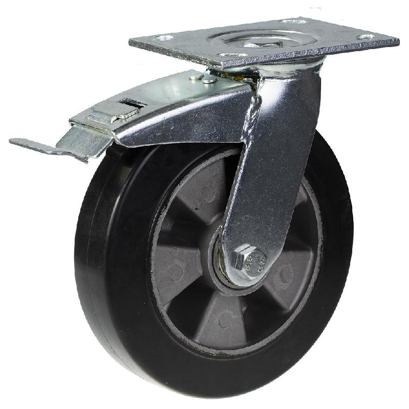 Roulette pivotante/frein de 200 mm en caoutchouc élastique noir sur roue centrale en aluminium_0