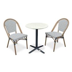 CITY Garden Ensemble repas de jardin 2 places en acier, plateau rond en terrazzo et fauteuil bleu - BISTRO - noir acier BISTROTB60TRZ+2FTB_0