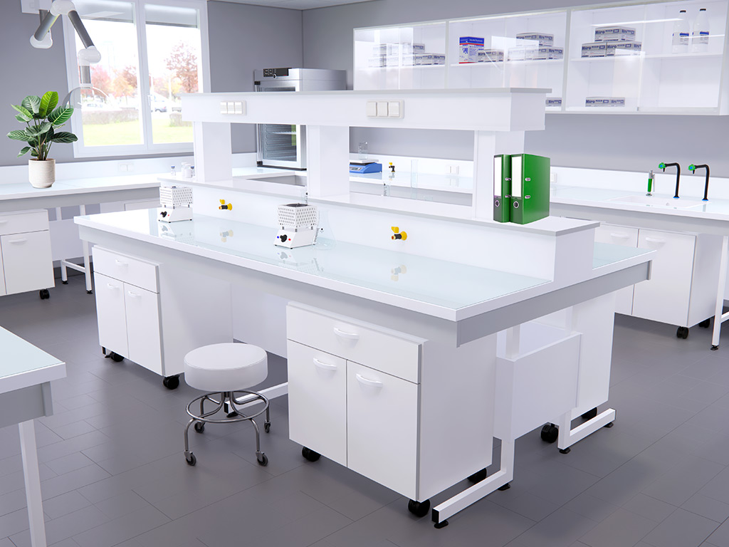 Paillasse de laboratoire centrale avec plateau en mélaminé CTBH et poutrelle, pour industrie - Hauteur 900 mm - Possémé_0