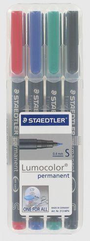 STYLO FEUTRE STAEDTLER LUMOCOLOR 313 S PERMANENT POINTE EXTRA FINE 0,4 MM - POCHETTE DE 4 COULEURS CLASSIQUES