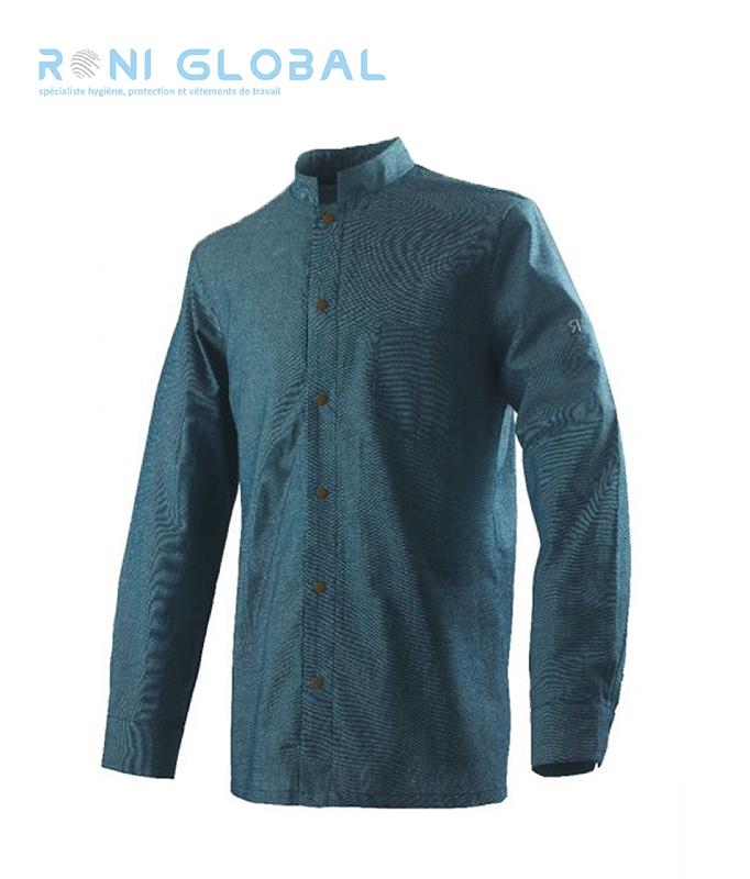 Veste de cuisine homme chambray manches longues - coupe slim en coton, boutons en laiton vieilli - BOVI ROBUR_0