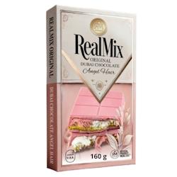 Carton de 28 tablettes | REALMIX Chocolat Rose Angel Hair Dubaï au lait, pistaches et barbe à papa | Fabriqué à Dubaï U.A.E. | 160 g - 9120060950945_0