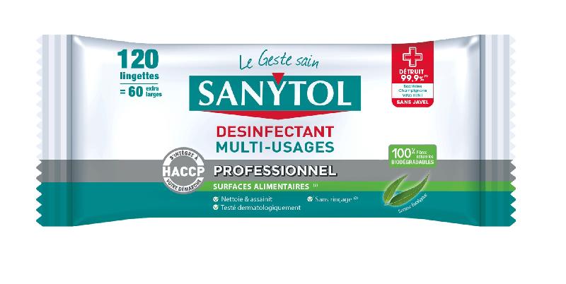 Désinfectant SANYTOL - 120 lingettes biodégradables multi-usages - Élimine 99,9% des bactéries, champignons et virus_0