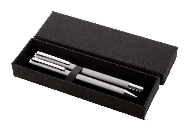 Parure stylos - aluminium recyclé - roller et stylo à bille - étui boîte cadeau noir - encre bleue_0