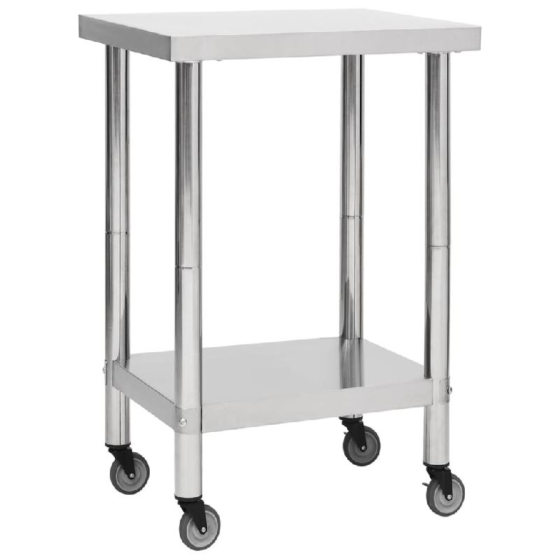 Table de travail de cuisine en acier inoxydable avec roues - Plan de travail gastronomique 60 x 60 cm - Espace commercial, restaurant - Réf : 02_0001914_0