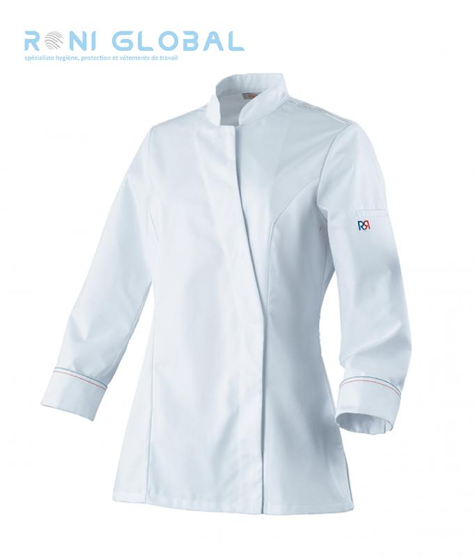 Veste de cuisine femme blanche - manches longues - polyester et coton - 1 poche - modèle Alpilles Robur avec finitions raffinées_0