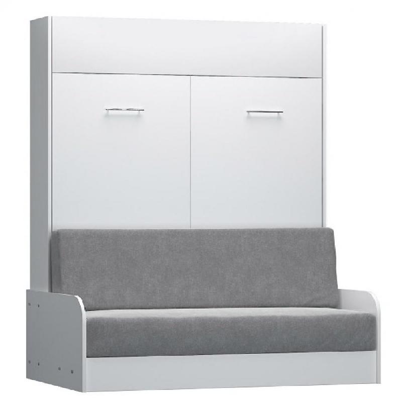 Armoire lit escamotable Dynamo Sofa - Canapé accoudoirs blanc mat et microfibre gris - Couchage 160x200 cm_0
