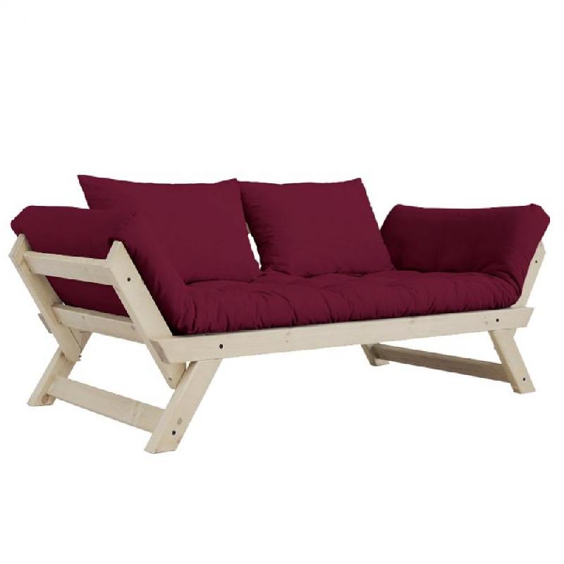 BANQUETTE MÉRIDIENNE FUTON BEBOP BORDEAUX ET PIN NATUREL COUCHAGE 75*200 CM._0