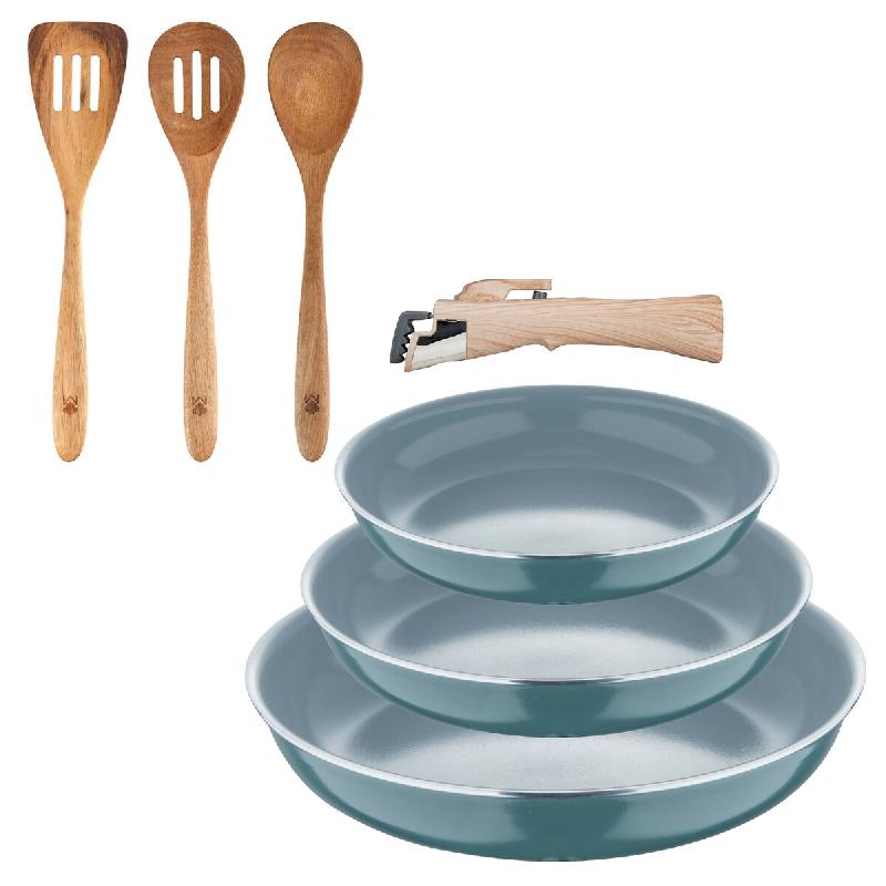 BERGNER - Ensemble de 3 poêles Ø18/20/24cm aluminium pressé recyclé vert avec manche amovible et ensemble de 3 pcs d'ustensiles de cuisine en acac_0