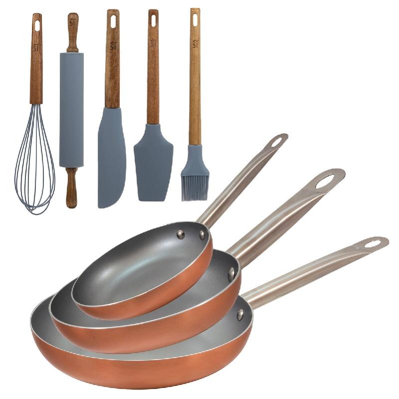 BERGNER - Jeu de 3 poêles en aluminium embouti Ø18/Ø22/Ø26cm compatibles induction Optimum Plus avec 5 ustensiles de cuisine en silicone et bois -_0