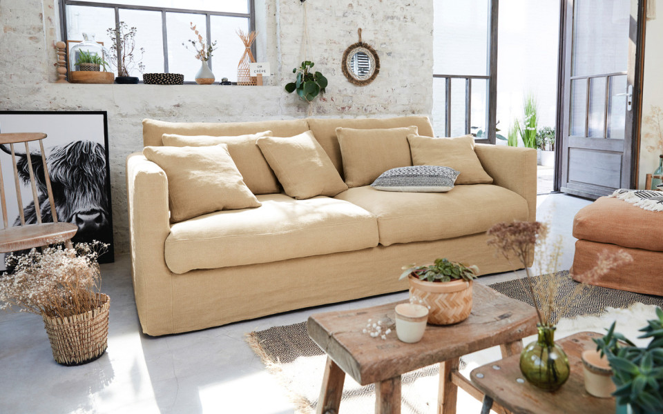 Canapé 5 places Nomad 220 cm - Home Spirit - Confortable et généreux avec coussins en plumes et structure en hêtre_0