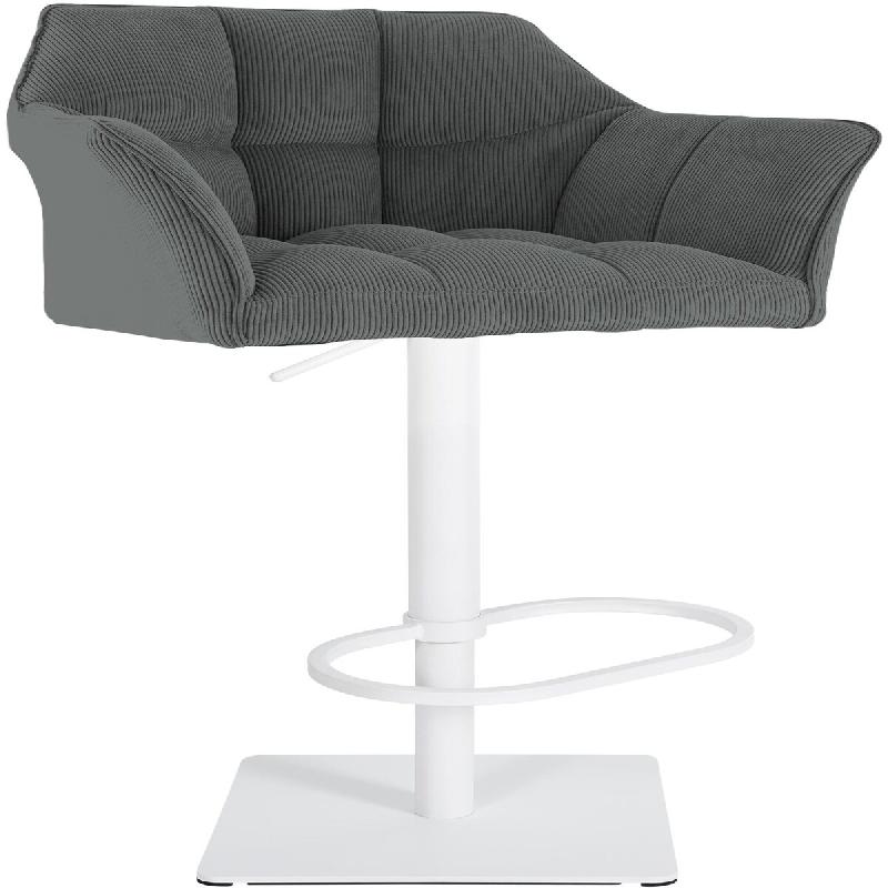 Décoshop26 - Tabouret de bar x1 réglable en velours côtelé gris assise enveloppante capitonnée avec base carrée en métal blanc 10_0006306 - bla_0