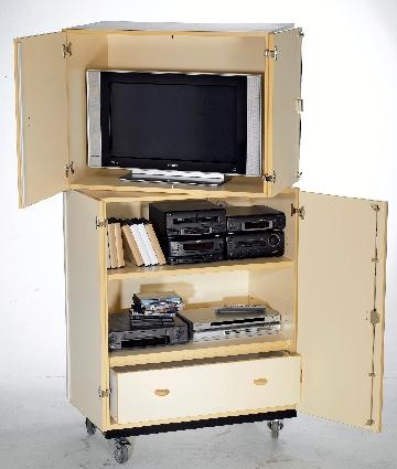 MEUBLE AUDIOVISUEL MOBILE 4 PORTES + PLATEAU PIVOTANT 1 TIROIR BAS COLORIS HÊTRE - MANUTAN COLLECTIVITÉS