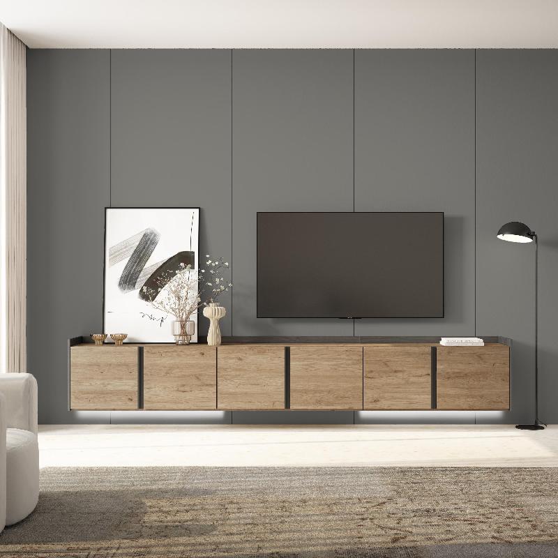 SKRAUT HOME - MEUBLE TV EFFET BOIS DE CHÊNE ET NOIR 309X35X50CM SUSPENDU