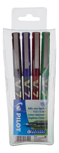 STYLO ROLLER PILOT HI-TECPOINT V7 ÉCRITURE MOYENNE. POCHETTE DE 4 COULEURS CLASSIQUES