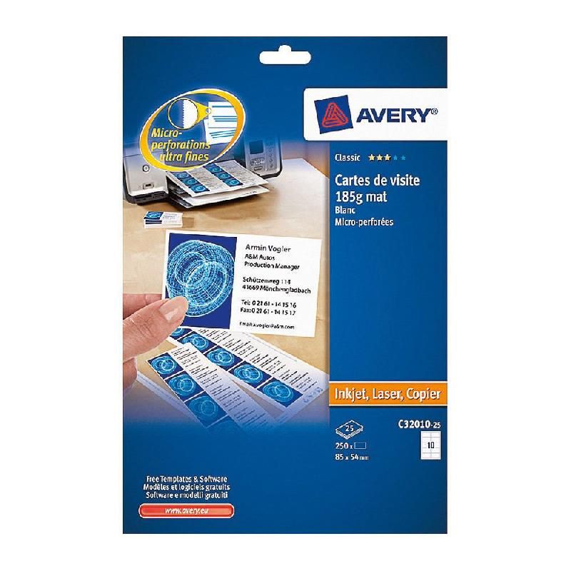 AVERY AVERY - C32010-25 - 250 CARTES DE VISITE BLANCHES À BORDS MICRO PERFORÉS - 85 X 54 MM - IMPRESSION LASER, JET D'ENCRE, COPIEUR