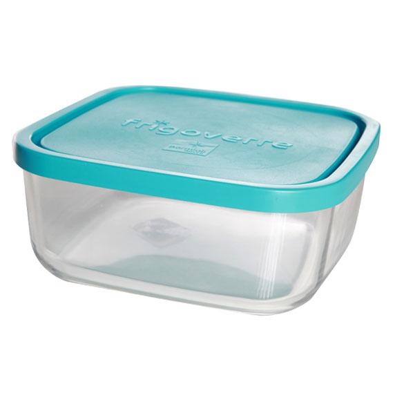 BOÎTE CARRÉE EN VERRE COUVERCLE PLASTIQUE TURQUOISE 22 X 22 CM - BORMIOLI ROCCO - FRIGOVERRE