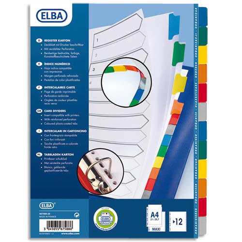 INTERCALAIRE EN CARTE BLANCHE 170G, 12 POSITIONS RENFORCÉES MYLAR, FORMAT A4+. COLORIS ASSORITS - LOT DE 7