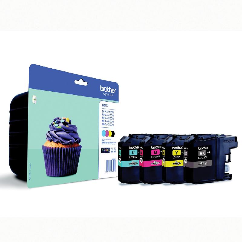 PACK 4 CARTOUCHES BROTHER LC123 NOIR + CYAN + MAGENTA + JAUNE POUR IMPRIMANTES JET D'ENCRE