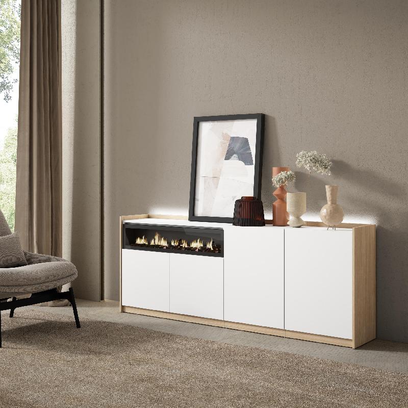 SKRAUT HOME - BUFFET EFFET BOIS BLANC ET CHÊNE 207X37X80CM CHEMINÉE EFFET FEU